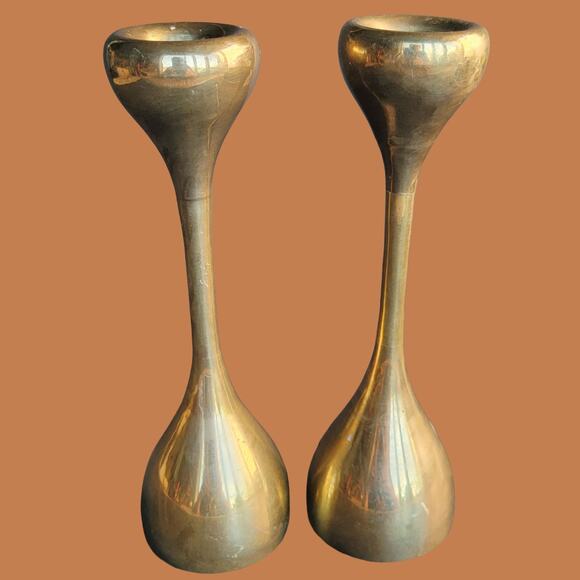 Vintage MCM Danish Modern Solid Brass Candle Holders, Set of Two - Picture 1 of 5